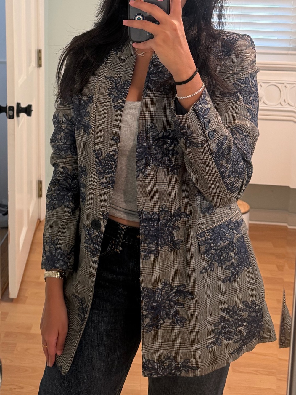 Zara Gray Open-Front Cardigan with Navy Floral Print